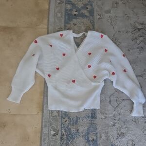 SHEIN White V-Neck Sweater with Red Heart Details